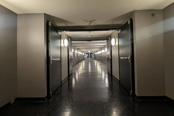 Long couloir souterrain vide typique du Chicago Pedway